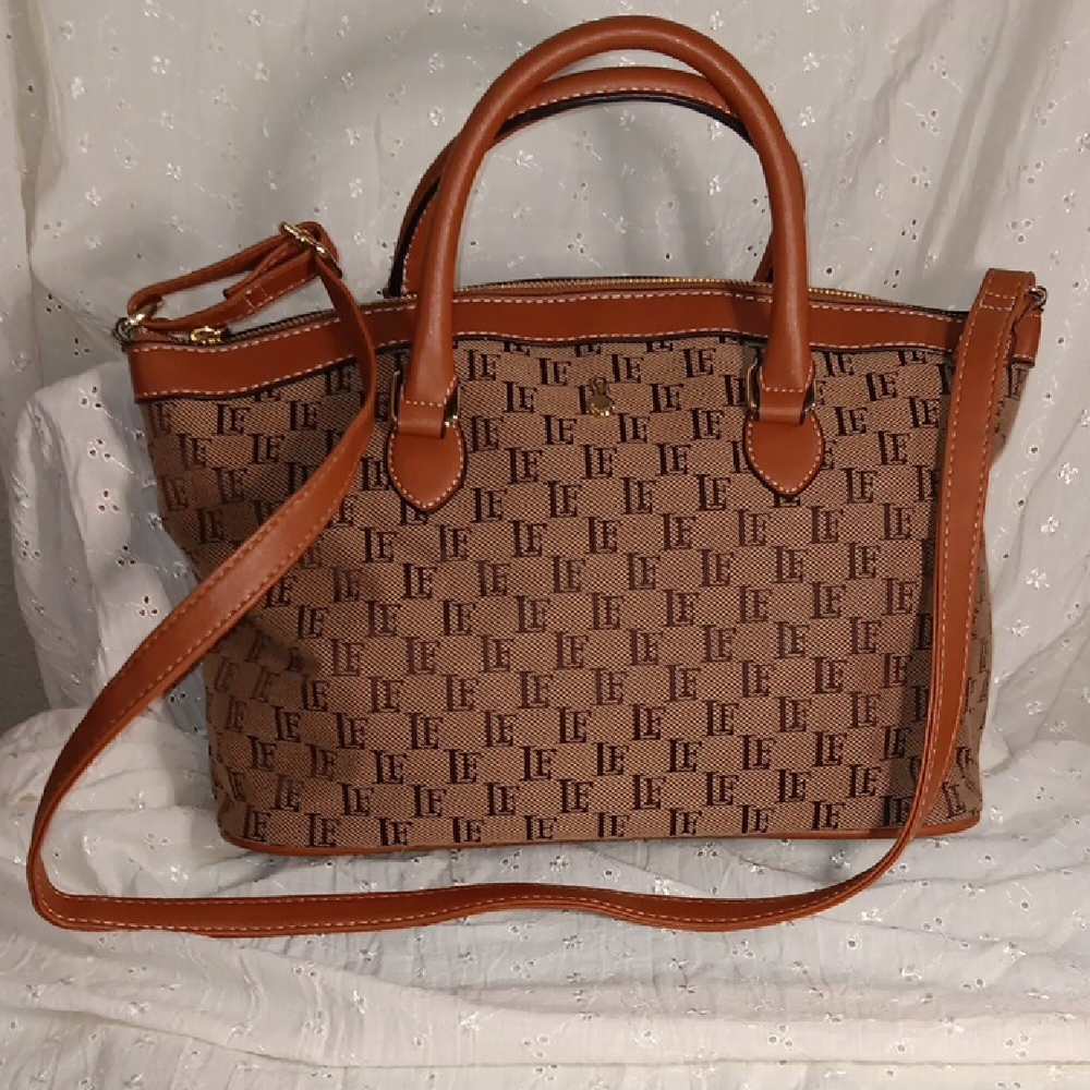 Brown Patterned Tote Bag with Tan Trim